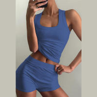 BUNO-chándales informales para Mujer, conjunto de 2 piezas, chalecos cortos elásticos con cuello en U y pantalones cortos acanalados, ropa deportiva concisa para gimnasio - details 34