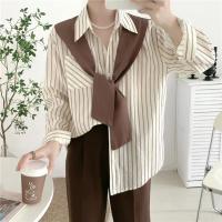 Camisa de mujer de dos piezas falsa estilo Maillard de otoño, chal tejido marrón, camisa con Raya Vertical en la espalda, blusa, camisa de mujer de estilo francés - details 1