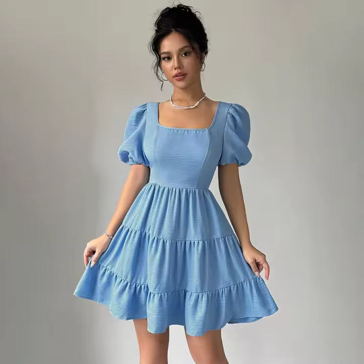 Vestido de Mujer Verano 2025 Escote Cuadrado y Espalda Descubierta Vestido Corto A-line de Cintura Alta Estilo Dulce y Elegante para Playa o Fiesta Moda Boho Chic - 1
