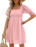 Vestido de verano de las mujeres 2023 Casual Flowy Beach Cuello cuadrado Linterna Manga corta Plisado Una línea Vestido Tie Mini vestido - details 14