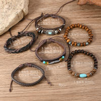 Conjunto de 6 pulseras boho madera cuentas vintage cabeza de toro ojos plumas multicapa artesanales regalos para hombre - details 8