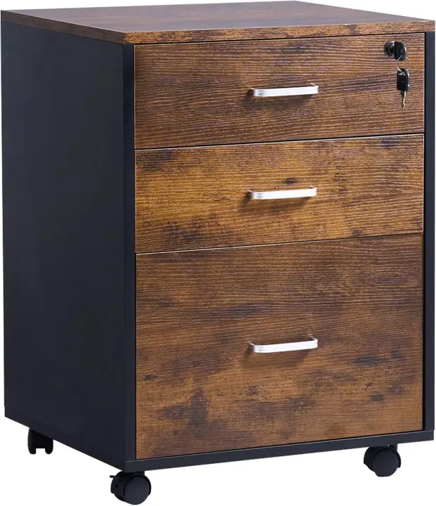 Archivador móvil de madera con 3 cajones, cajonera con ruedas, armario cajonera de oficina con cerradura - 1