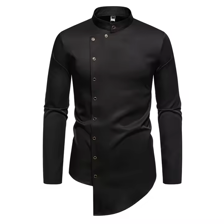 Camisa de Largo Pliegue para Hombres en Otoño Diseño Irregular Elegante Cuello de Pie - 1