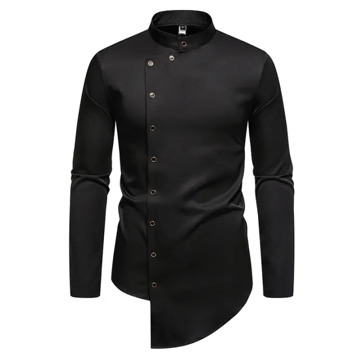 Camisa de Largo Pliegue para Hombres en Otoño Diseño Irregular Elegante Cuello de Pie - 1