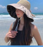 Visera anti ultravioleta tejida de paja para mujer Summer Sun con pegamento negro grande junto al mar, sombrero para el sol transpirable - details 17