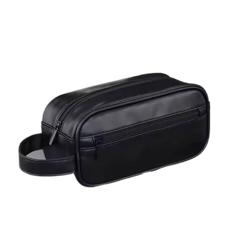 Bolsa de lavado de cuero portátil con múltiples bolsillos para hombre, bolsa con cierre, bolsa de almacenamiento de cosméticos de mano, bolsa de maquillaje impermeable de gran capacidad para hombre - 1