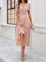 Primavera Verano elegante cintura con cuello en V Color sólido vestido de manga corta moda mujer - details 25
