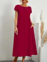Vestido retro liso elegante de lino y algodón de manga corta con cuello redondo para mujer, vestido suelto informal de verano 2023 - details 2