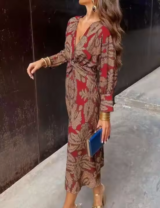 Vestidos Para Mujer Vestido de manga larga elegante con cuello redondo y estampado Retro Para Mujer, Primavera/Verano, 2024 Vestidos de fiesta - 1