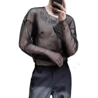 Camiseta larga de malla para hombre, con estilo de club nocturno, transpirable, con encaje y manga larga, para escenario. Mi armario solo necesita lo que me gusta - details 7