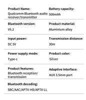 VAORLO QCC3040 adaptador inalámbrico de transmisión aptx-ll, receptor 2 en 1, transmisor aptx-hd con AUX de 3,5mm para auriculares T V y PC - details 15