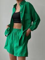 Conjunto de dos piezas de camisa de manga larga con cuello vuelto, botones y bolsillo, y pantalones cortos anchos de pierna, de algodón, estilo primaveral/veraniego. - details 13