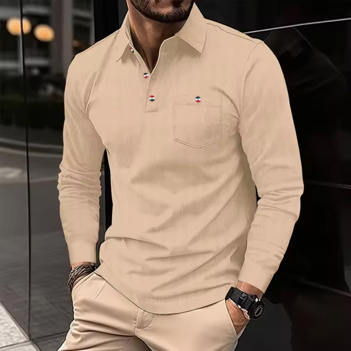 Polo de hombre de jacquard con bolsillo, top de manga larga, cuello alto, primavera y otoño - 1
