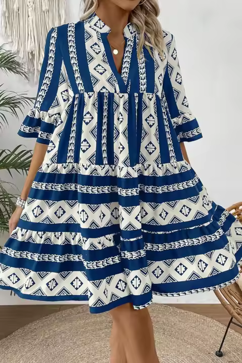 Elrachen Vestido con volantes y cuello en V con estampado geométrico para mujer, azul, tallas S-XL - 1