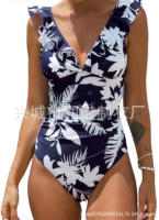 Traje de baño con cuello en V, traje de baño con cordones y borde con volantes - details 12