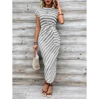 Vestido largo de manga corta con cuello redondo a rayas y cintura elegante con vestidos de encaje utilizados para la fiesta de verano de las mujeres - details 44