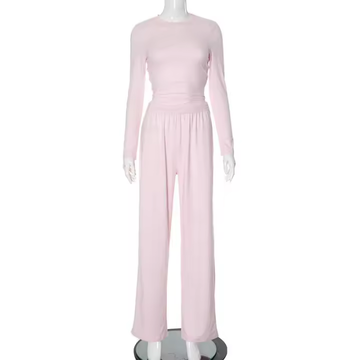 Conjunto de pantalón de pierna ancha y top de manga larga básico de color sólido nuevo de otoño para mujer Y24593 - 1