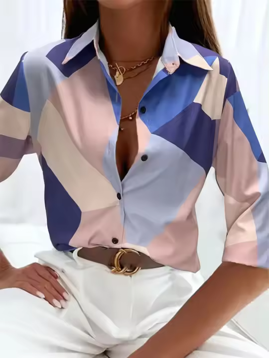 Nuevo top con botones para camisa de oficina de manga larga con textura estampada para mujer - 1