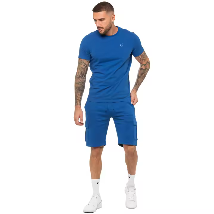 Enzo Conjunto de chándal para hombre, camiseta informal con cuello redondo, pantalones cortos tipo cargo de forro polar, traje de 2 piezas - 1