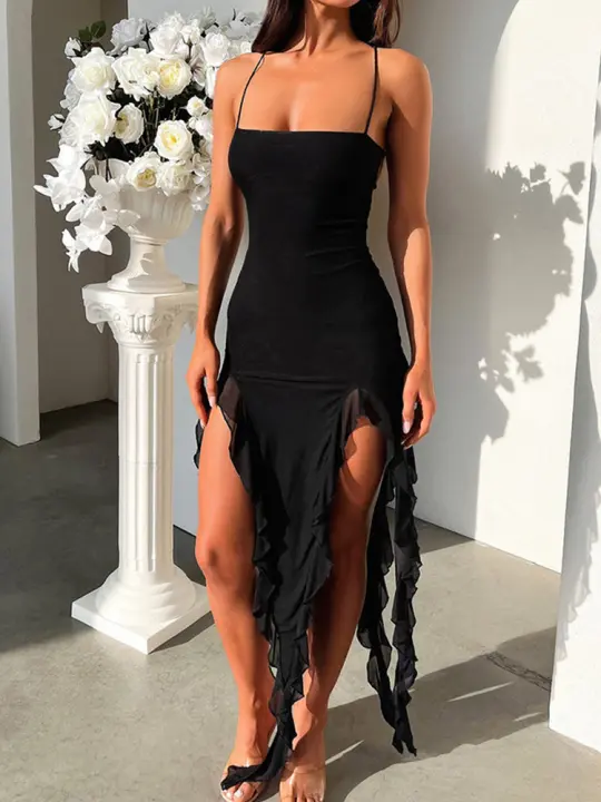 Vestido de Playa para Mujer Lumbar sin Espalda, Malla de Cuadros con Volantes, Colores Suaves, Novedad de Verano 2024 - 1