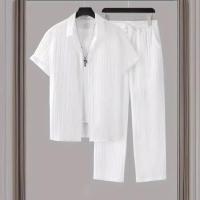 Ropa masculina, camisa de manga corta a rayas, traje con solapa de botón, moda masculina 2025 - details 0