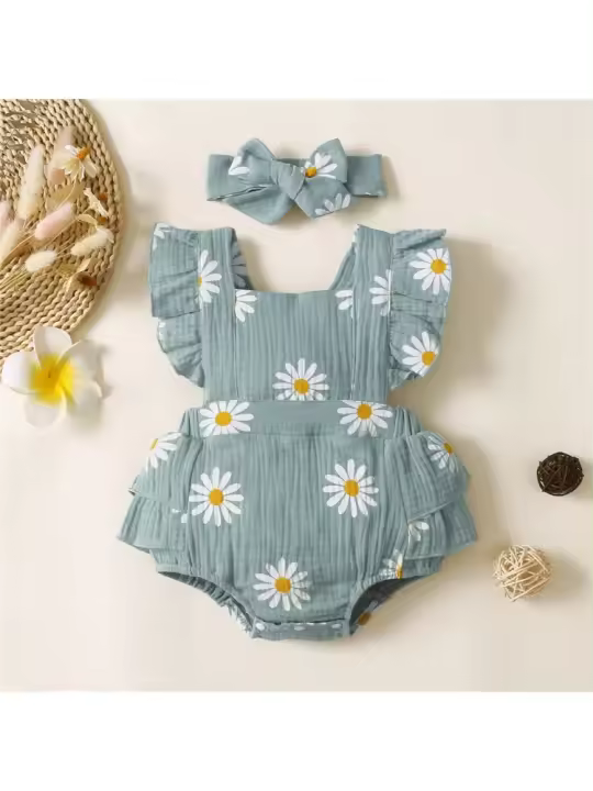 Verano recién nacido bebé niñas de 0 a 18 meses mameluco estampado de girasol sin mangas lindo mono de una pieza para niños - 1