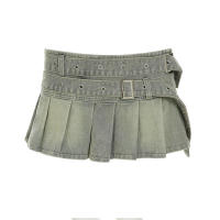 BUNO-Minifalda vaquera vintage de cintura baja, falda plisada con cinturón grande y hebilla cuadrada a la moda de verano 2025 - details 6