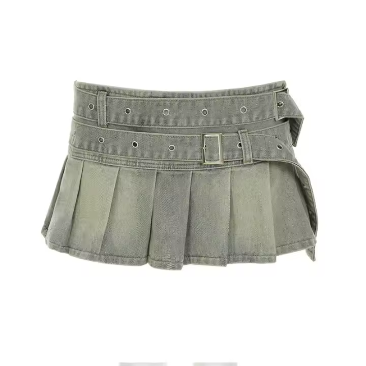 BUNO-Minifalda vaquera vintage de cintura baja, falda plisada con cinturón grande y hebilla cuadrada a la moda de verano 2025 - 1