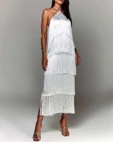 Vestido con abertura y espalda descubierta con flecos y cuello a la moda para mujer - details 3