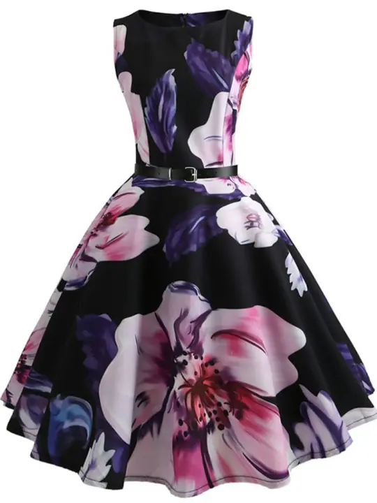 Floral print summer women  vintage elegant swing party a line dress - 1