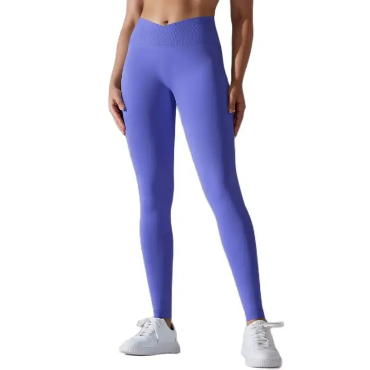 Pantalones de yoga sin costuras para mujer, ajustados deportivos con cinturón cruzado, cintura alta, usados ​​para gimnasio, correr, entrenar - 1