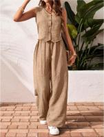 Conjunto de lino para mujer Verano 2025 Chaleco con botones y cuello en V y pantalones de pierna ancha - details 8