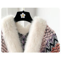 Chaleco de poncho para mujer con borlas de piel sintética abrigo cardigan de punto grueso con bloque de color para otoño e invierno material acrílico - details 7