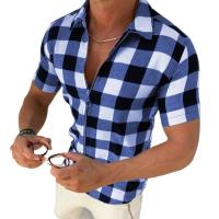 Estilo americano nuevo Retro cremallera cuatro lados rejilla elástica impresa Top hombres Slim Fit Cardigan pantalón corto Casual camisa de manga - details 0