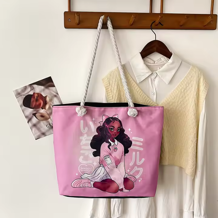 2025 clásico al aire libre práctico versátil Retro bolsa de lona de dibujos animados impreso portátil bolsa de playa de gran capacidad - 1