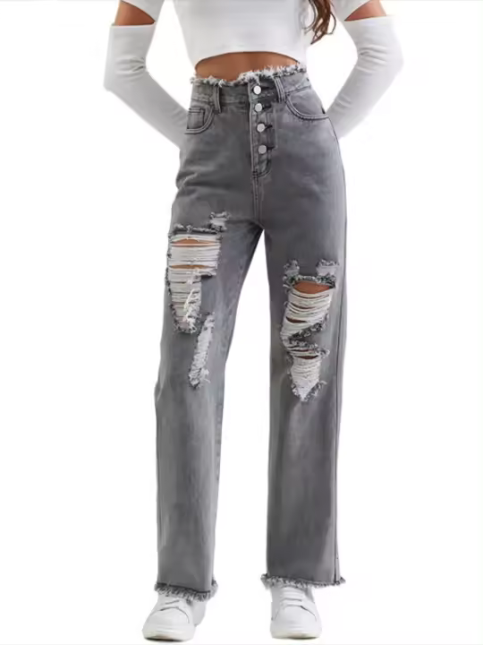 Vaqueros informales rasgados para mujer, pantalones retro grandes con cintura alta - 1