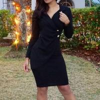 Vestido Midi ajustado de manga larga para mujer, traje elegante de Color sólido con cuello en V, estilo coreano, ocasión Formal, venta - details 7