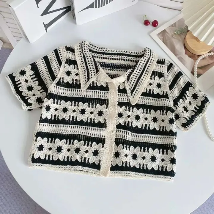 Chaleco de Crochet Floral Cuello Cepillado, Manga Corta Abierta, Cardigan Chic de Verano para Mujeres - 1