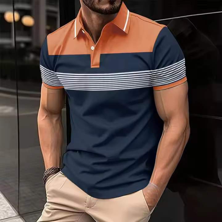 Nueva camisa POLO informal para hombre, botón con cuello en V, camiseta versátil a rayas de negocios, top - 1