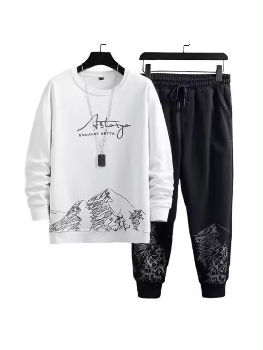 Chándal cómodo para hombre, conjunto de chándal con estampado de montaña y sudadera con cuello redondo, pantalones de correr con cordón para Otoño e Invierno - 1