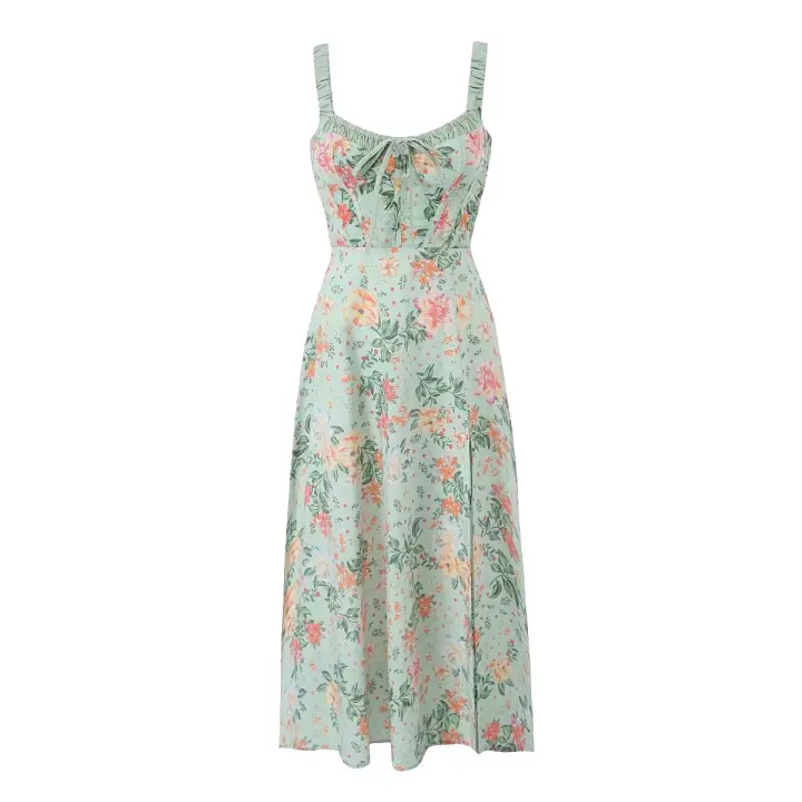 Ropa de mujer de estilo europeo y americano, vestido de tirantes con estampado floral y diseño de empalme con cordones envueltos en el pecho delgado - 1