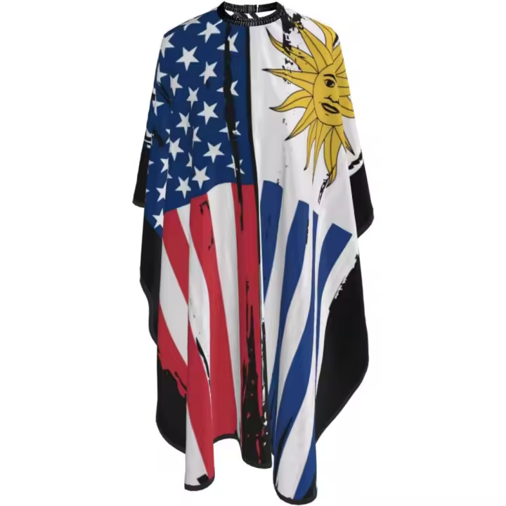 Capa de peluquero con bandera de EE. UU. y Uruguay - Capa de corte de pelo impermeable para peluquería profesional con cierre a presión ajustable - Delantal de corte de pelo para estilista y uso doméstico - 55''X66'' - 1