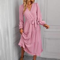 Vestido elegante de color sólido con cuello en V para mujer de manga larga - details 13