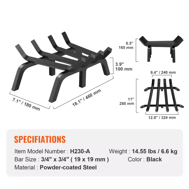 SucceBuy Rejilla para leña para chimenea, rejilla para quemar leña de alta resistencia con 6 patas de soporte, barras de acero sólido con recubrimiento en polvo de 3/4 pulgadas para chimenea interior y exterior - 1