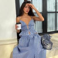 2025 Vestido de traje de las mujeres del verano, escote sin espalda vestido de tirantes, sin mangas, a cuadros - details 2