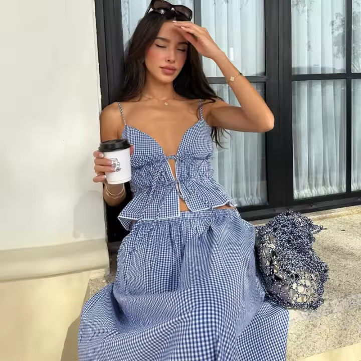 2025 Vestido de traje de las mujeres del verano, escote sin espalda vestido de tirantes, sin mangas, a cuadros - 1