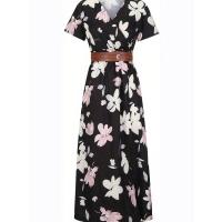 Vestido Maxi Floral Elegante con Cuello en V - Estilo Chic de Verano con Cinturón, Tela Tejida Durable y de Fácil Mantenimiento - details 2