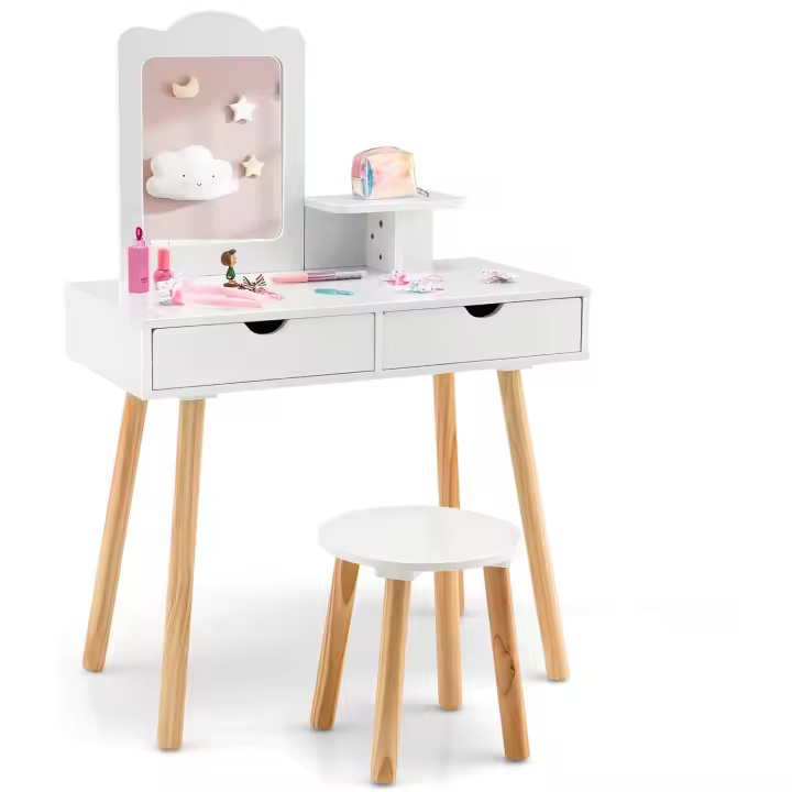 Tocador de Maquillaje 2 en 1 para Niñas 3-7 Años Mueble de Escritorio con Espejo Extraíble y 2 Cajones Blanco Carga 20+40kg - 1