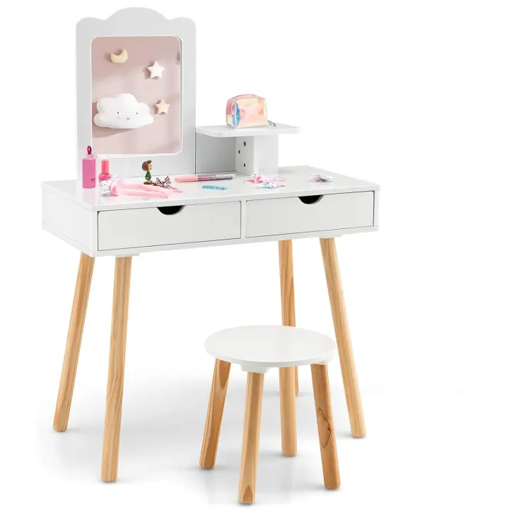 Tocador de Maquillaje 2 en 1 para Niñas 3-7 Años Mueble de Escritorio con Espejo Extraíble y 2 Cajones Blanco Carga 20+40kg - 1
