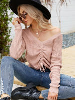 Suéter de manga larga con cuello en V, suéter Sexy de Color sólido Irregular con cordón, Top de otoño e invierno, nuevo - details 1
